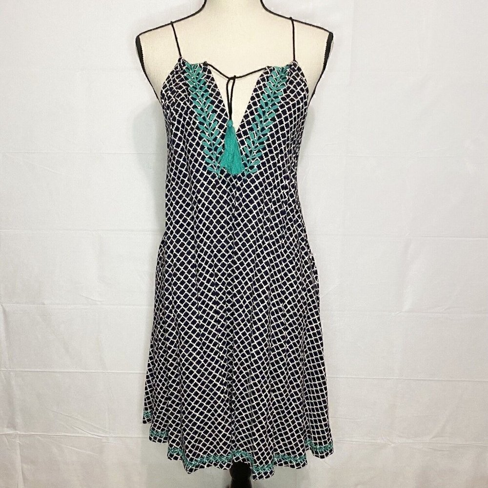 THML Embroidered Halter Dress Large Black White Teal Boho Graphic Tassels NWT
